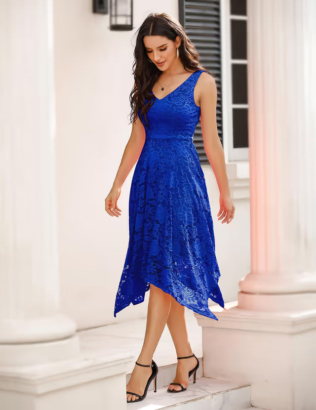 Women's Lace Cocktail Dress Sleeveless Asymmetric V-Neck A-line – Royal Blue S