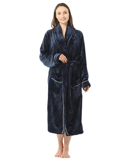 Women's Fleece Bathrobe Shawl Collar Soft Warm Spa Robe