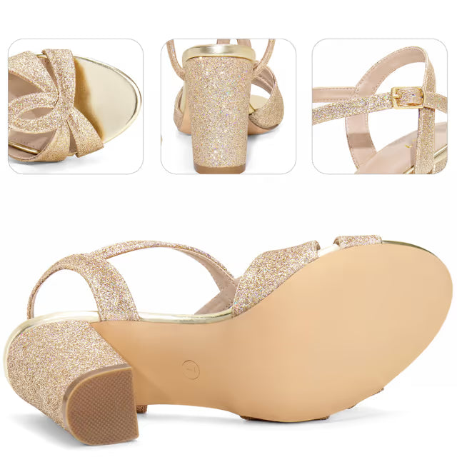 Women’s Glitter Crisscross Strappy Chunky Heel Sandals Open Toe – Gold UK 6 (US 8)