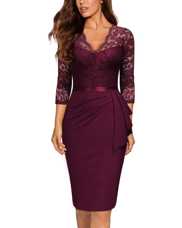 Women's Vintage Lace V-Neck 3/4 Sleeve Bodycon Cocktail Dress Formal Wedding Guest – Wine L