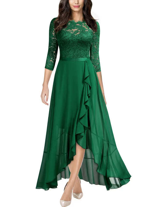 Women's Scoop Neck Floral Lace Maxi Formal Wedding Dress – Dark Green XXL