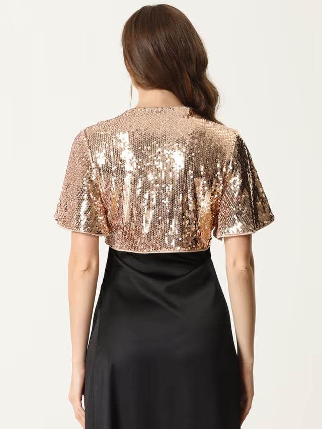 Allegra K Sequin Bolero Crop Jacket Sparkly Glitter Shrug – Rose Gold XL
