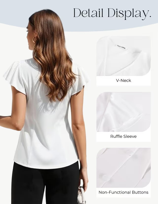 Women's V-Neck Ruffle Smocked Summer Top Short Sleeve – White S