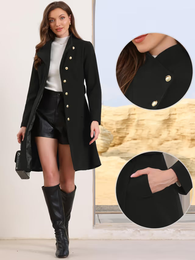 Women's Pea Coat Winter Stand Collar Button Down Outerwear with Belt – Black XL