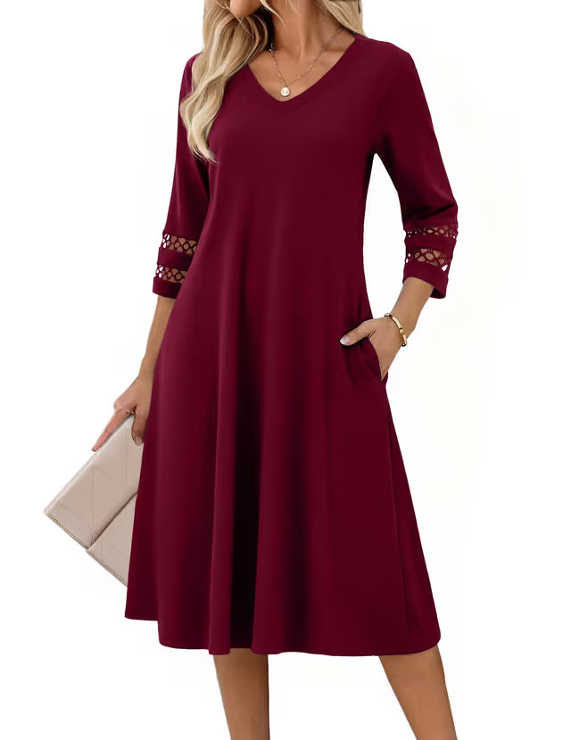 Women's 3/4 Sleeve Midi Tunic Dress V-Neck A-Line – Red L