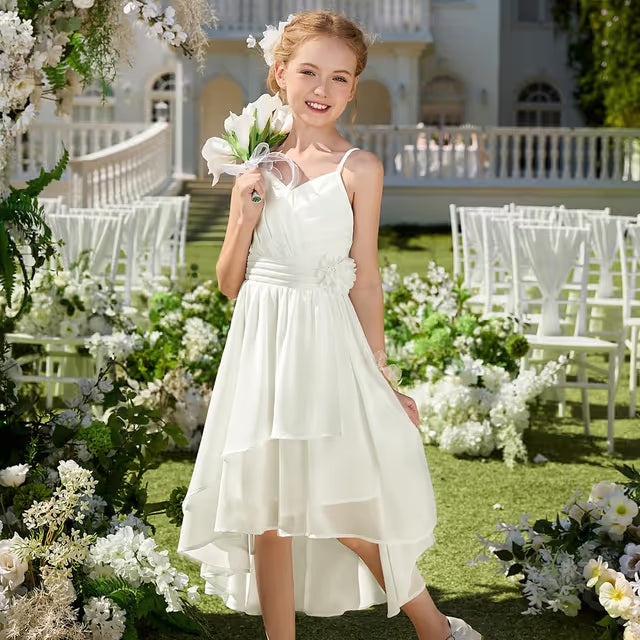 GRACE KARIN Girls Spaghetti Strap Chiffon A-Line Flower Dress Bridesmaid – White Age 10