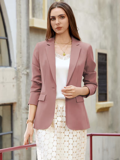 Women’s Blazer Suit Jacket One-Button Notch Lapel Long Sleeve – Nude Pink