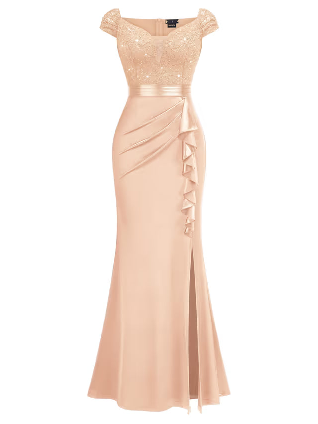 Women's Floral Lace Sequin Cap-Sleeve Fishtail Maxi Dress – Champagne S