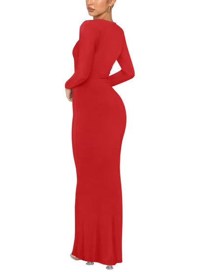 REORIA Women's Sexy Casual Crew Neck Lounge Slimming Long Dress Elegant Wedding Guest Long Sleeve Ribbed Bodycon Maxi Dresses Red Small