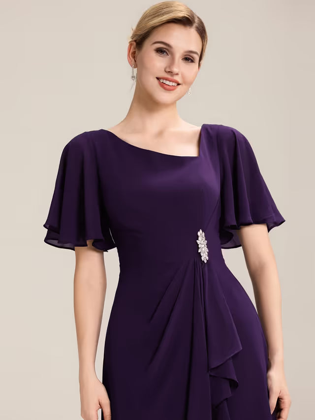 Ever-Pretty Mother-of-the-Bride Maxi Dress Asymmetrical Neck Ruffle Hem – Dark Purple 8UK