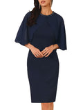 WOMLAYOUT Women's Wedding Guest Dress Beaded Chiffon Cape Cocktail – Navy Blue M