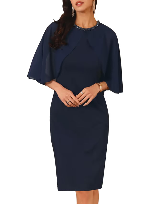 WOMLAYOUT Women's Wedding Guest Dress Beaded Chiffon Cape Cocktail – Navy Blue M