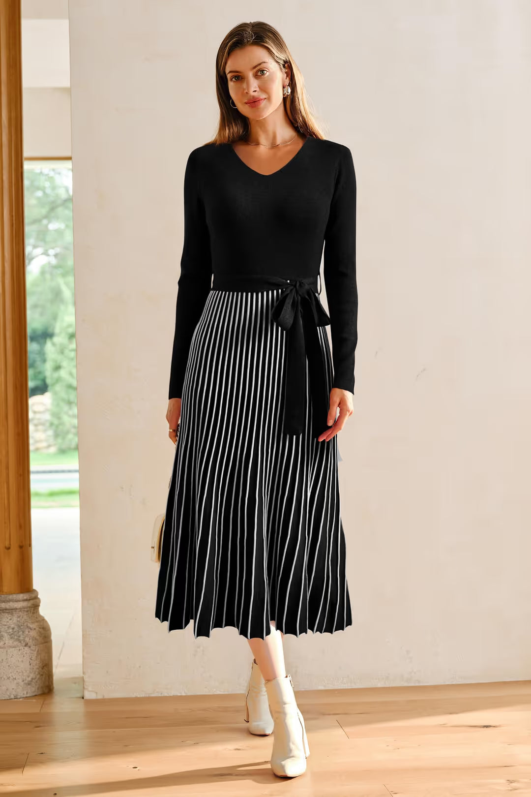 Arach&Cloz Knitted V-Neck Striped Dress Women's Size XL Black White Long Sleeve