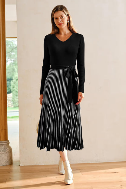 Arach&Cloz Knitted V-Neck Striped Dress Women's Size XL Black White Long Sleeve