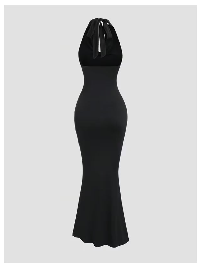 Bodycon Fish Tail Dress Women's Size Medium Black Draped Halter Neck Ruched
