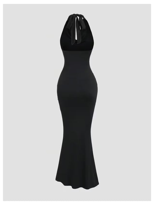 Bodycon Fish Tail Dress Women's Size Medium Black Draped Halter Neck Ruched