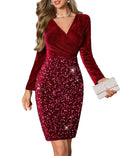 Women's Velvet Sequin Long Sleeve Cocktail Dress Wrap – Dark Red XL