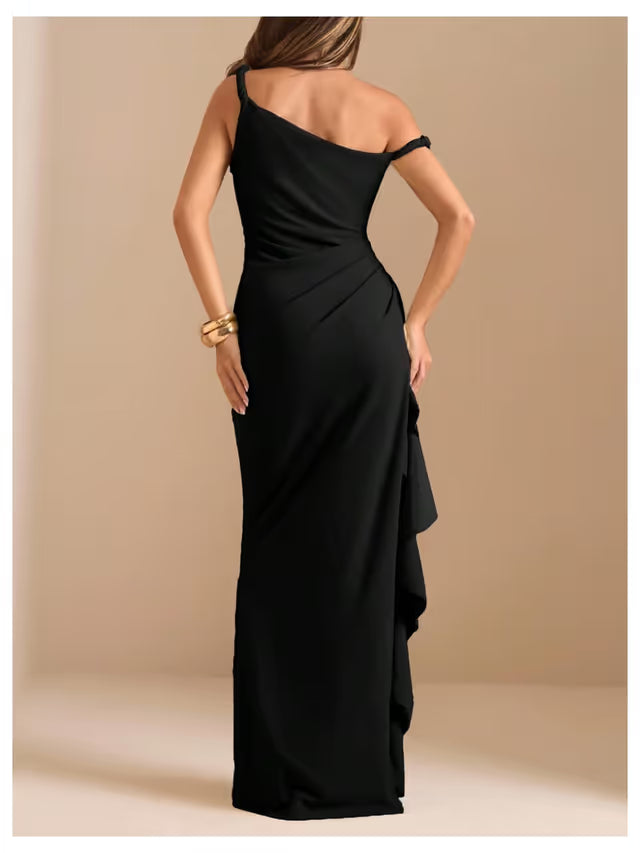 Evening Maxi Dress Off‑Shoulder Twist Strap Ruffled Slit – Black Medium