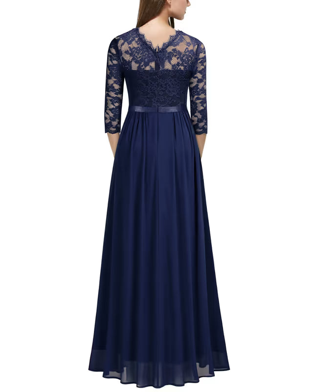 Women's Retro Floral Lace 3/4 Sleeve Maxi Dress – Navy Blue L