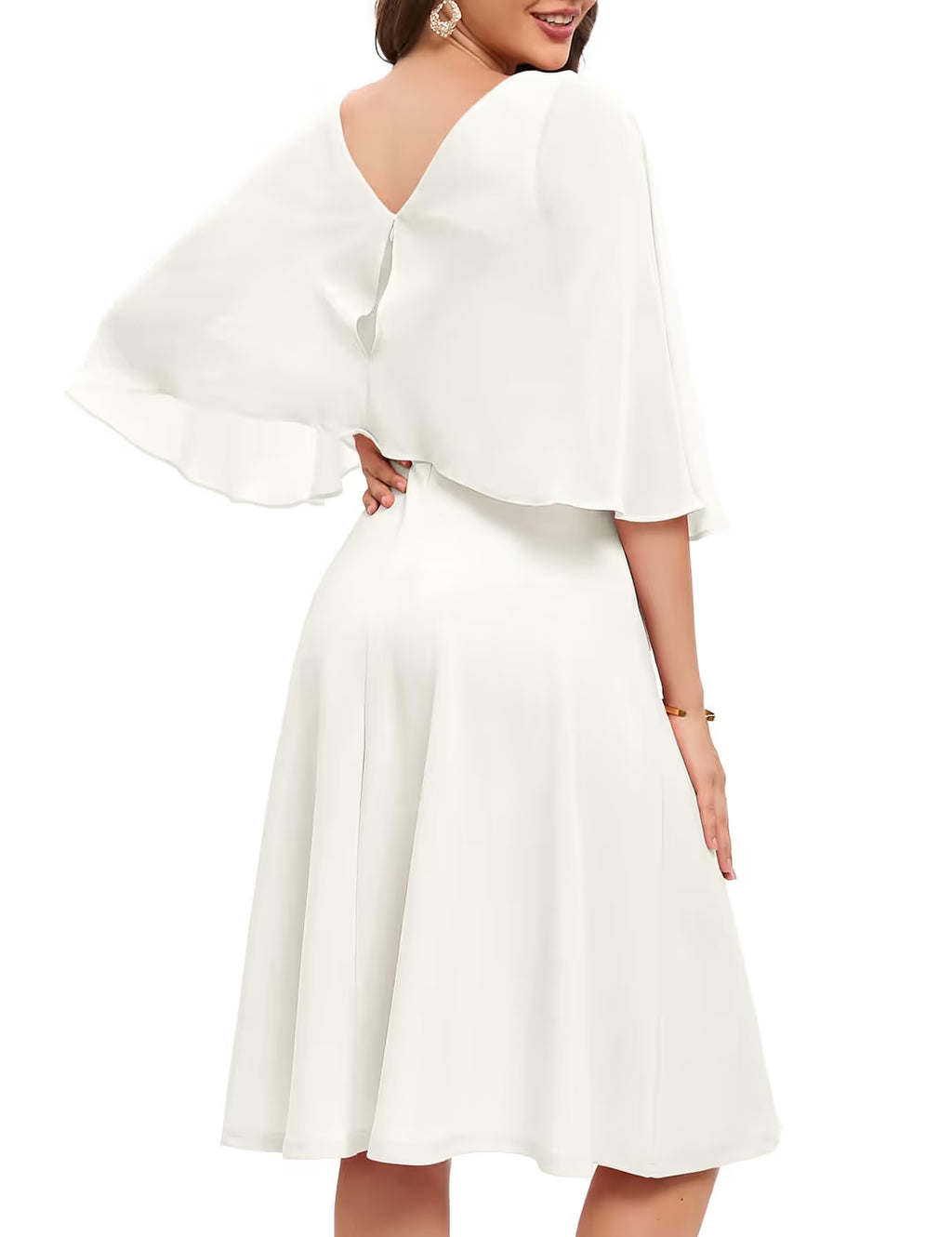 Chiffon Overlay Cocktail Cape Dress Women's Size Medium White Zip Boat Neck