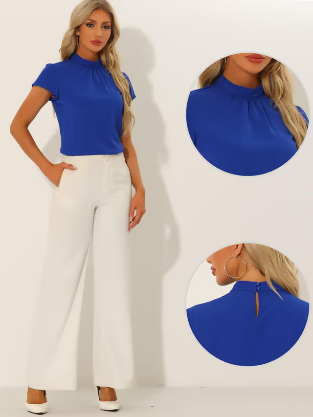 Women's Stand Collar Cap Sleeve Keyhole Back Work Blouse – Royal Blue S