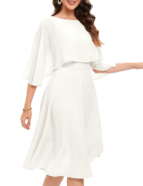 Chiffon Overlay Cocktail Cape Dress Women's Size Medium White Zip Boat Neck