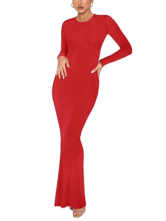 REORIA Women's Sexy Casual Crew Neck Lounge Slimming Long Dress Elegant Wedding Guest Long Sleeve Ribbed Bodycon Maxi Dresses Red Small