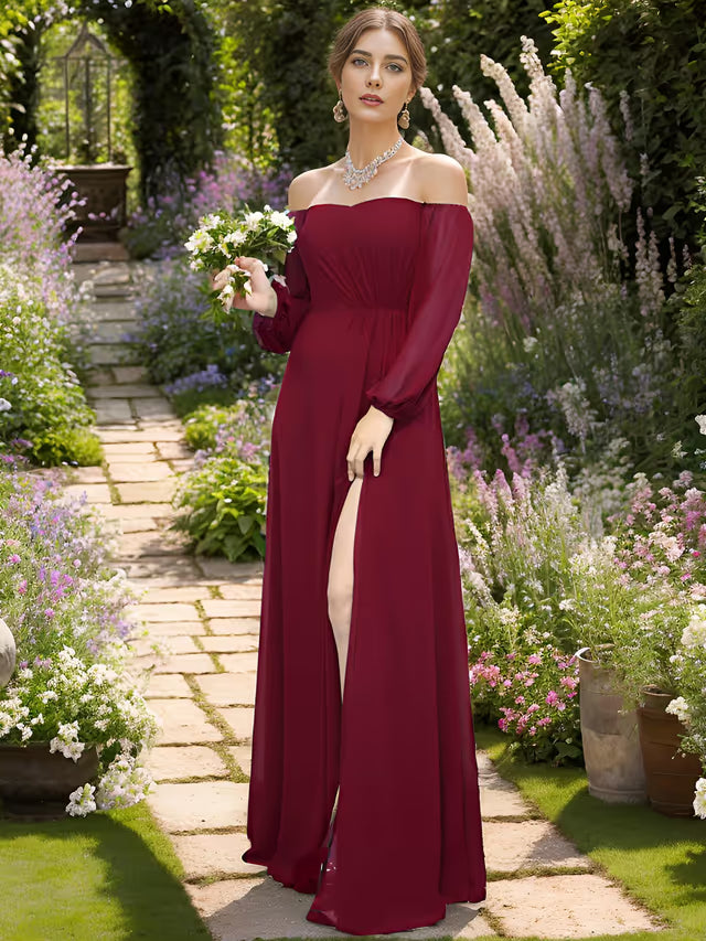 Ever-Pretty Off-Shoulder Bridesmaid Dress Lantern Sleeves High Split Chiffon – Burgundy UK14