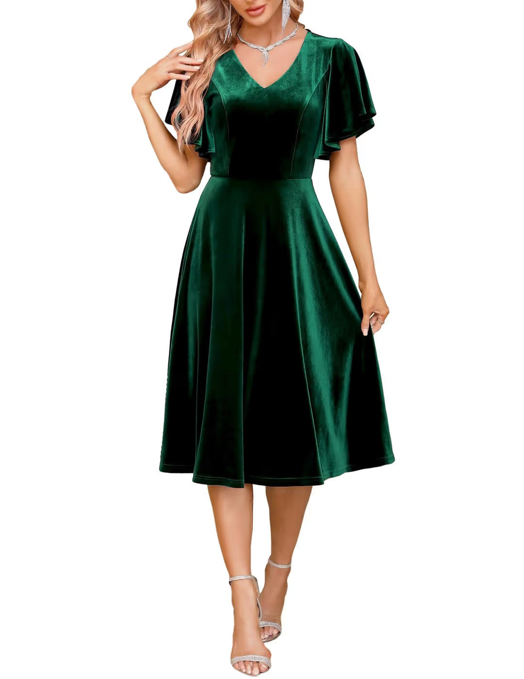 Bridesmay V Neck Velvet Cocktail Dress Women's Size 2XL Dark Green Short Sleeves