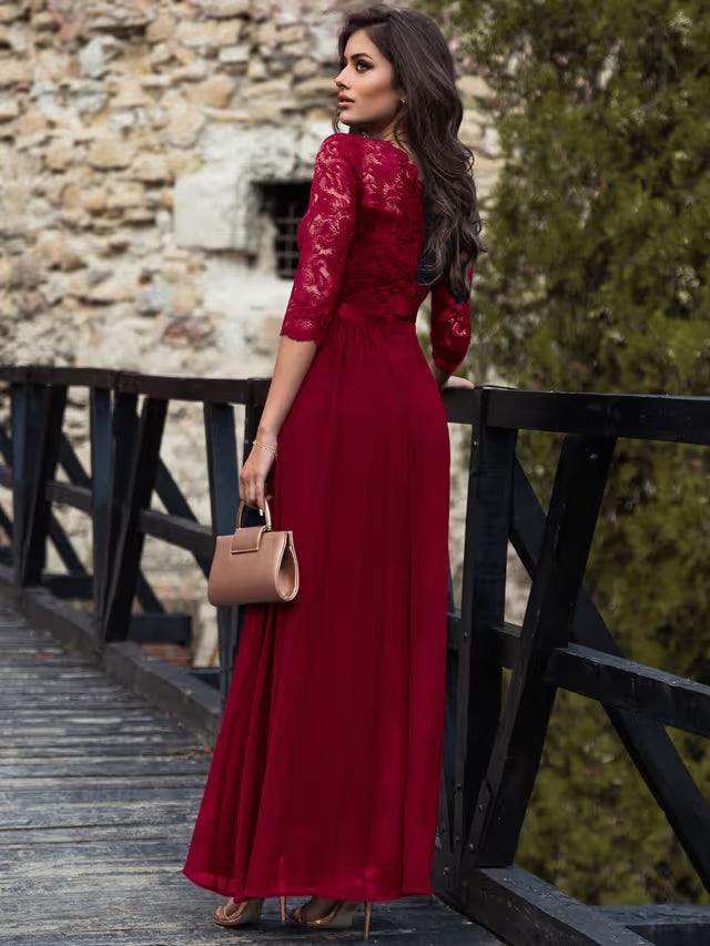 Retro Floral Lace 3/4 Sleeve Bridesmaid Maxi Dress – Red XX‑Large