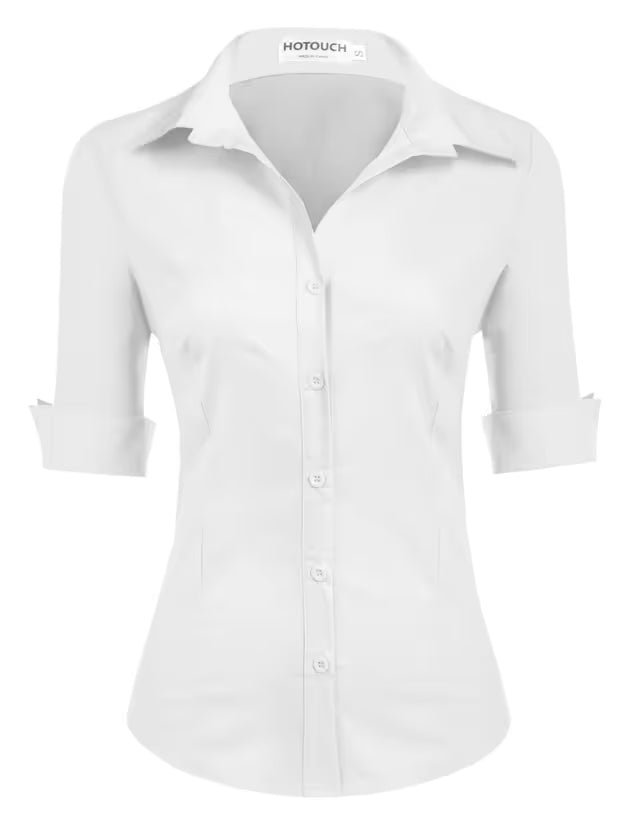 HOTOUCH White Shirt Women Short Sleeve Cotton Blouse Ladies 3/4 Sleeve Office Shirt Button Down V Neck Blouses Slim Fit Tops White L