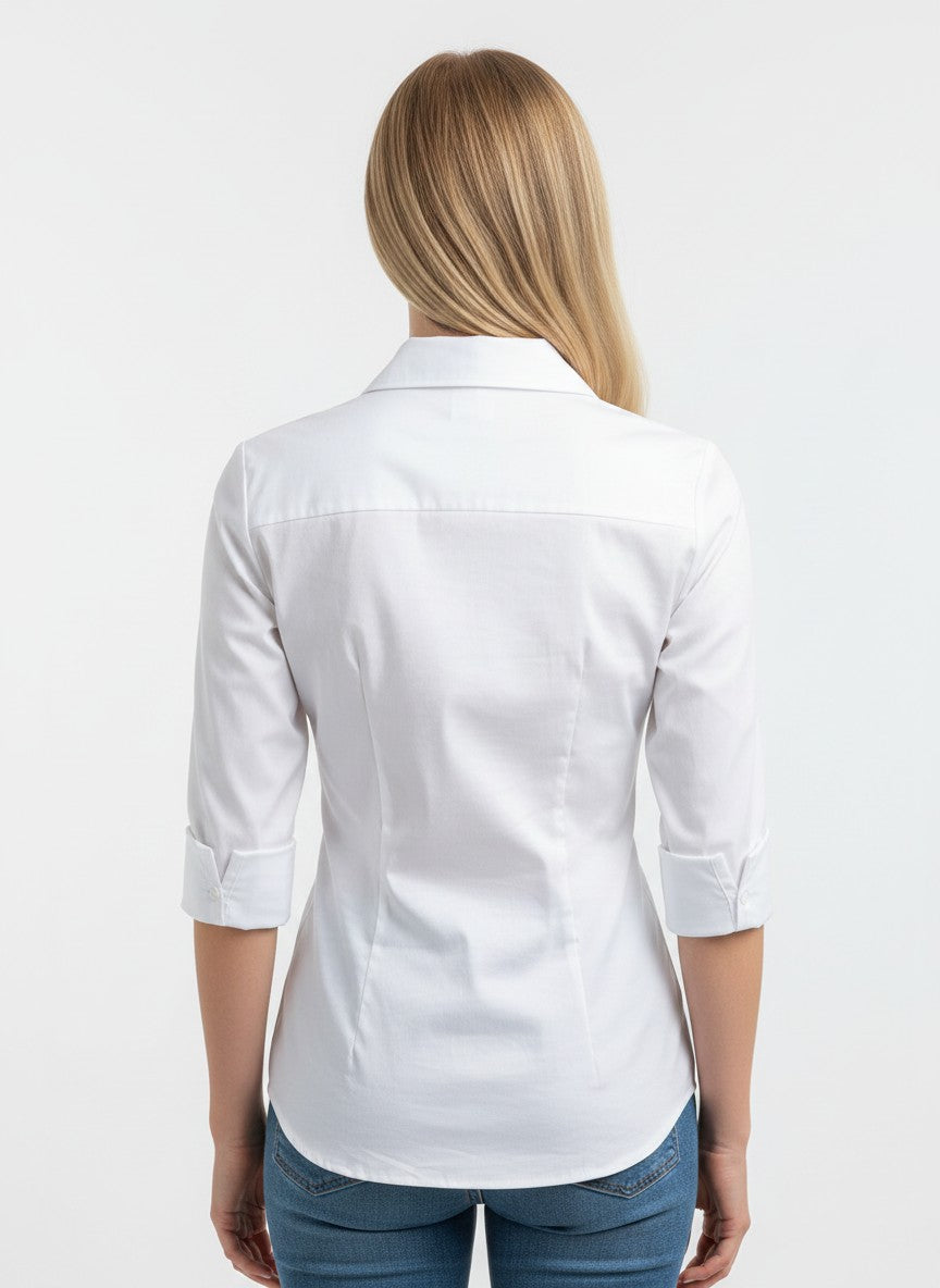 HOTOUCH White Shirt Women Short Sleeve Cotton Blouse Ladies 3/4 Sleeve Office Shirt Button Down V Neck Blouses Slim Fit Tops White L
