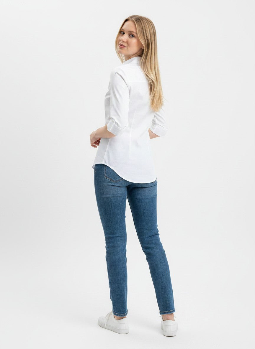 HOTOUCH White Shirt Women Short Sleeve Cotton Blouse Ladies 3/4 Sleeve Office Shirt Button Down V Neck Blouses Slim Fit Tops White L