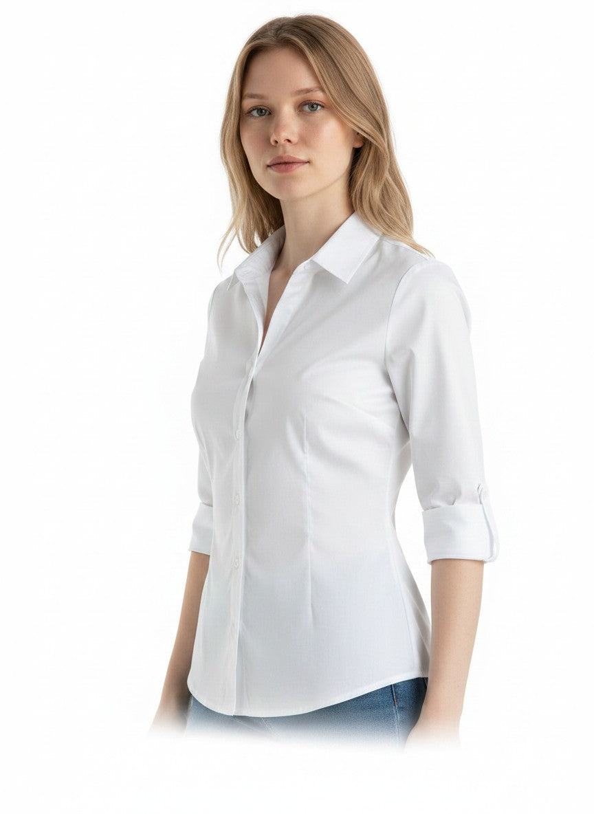 HOTOUCH White Shirt Women Short Sleeve Cotton Blouse Ladies 3/4 Sleeve Office Shirt Button Down V Neck Blouses Slim Fit Tops White L