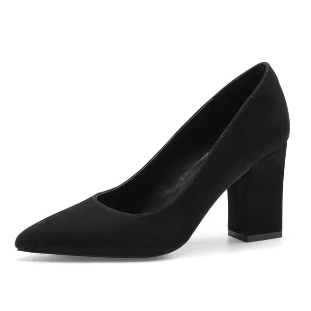 Zhabtuc Court Shoes for Women Chunky Heels Elegant Pointy Toe Block High Heels Suede 8CM Closed Toe Office Work Shoes Slip-on Wedding Heeled Shoes Black, 5.5UK