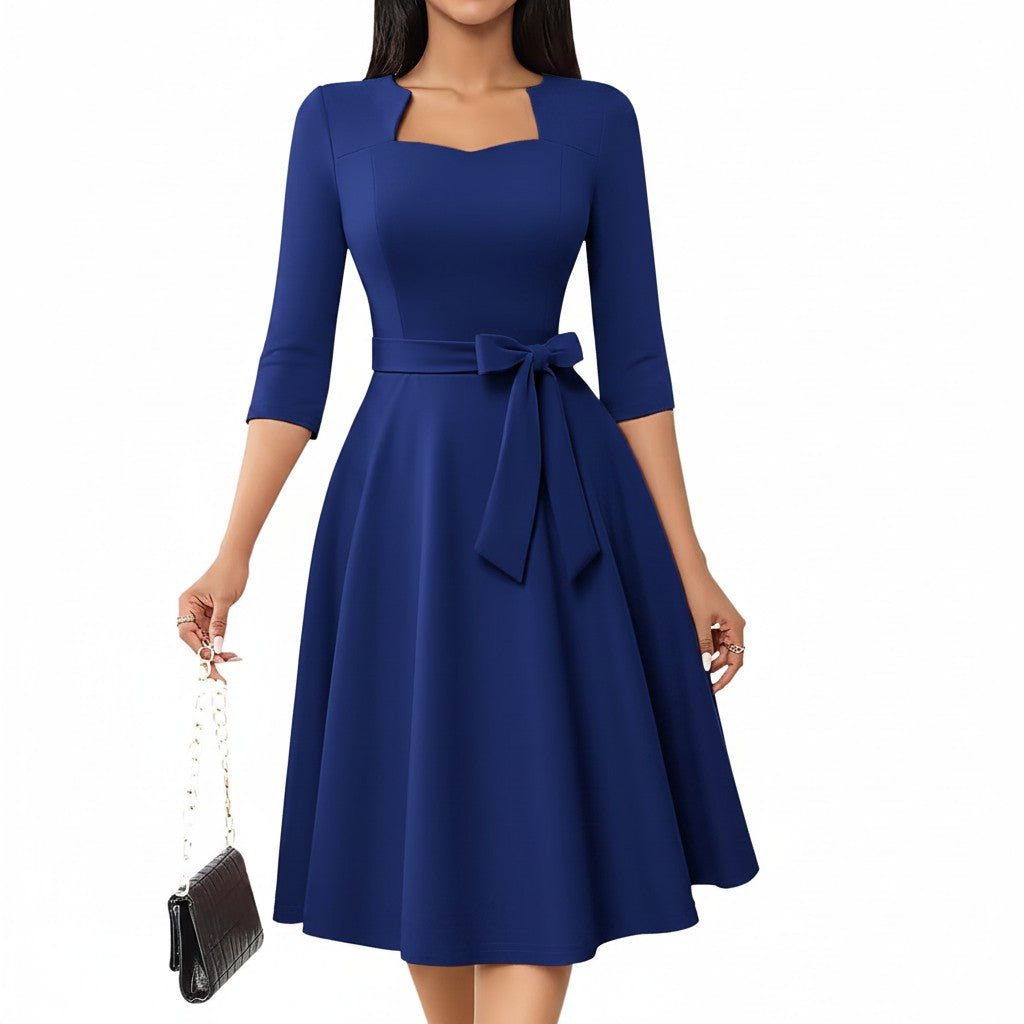 Tea-Length Wedding Guest Dress Vintage Formal with Sleeves A-line – Royal Blue S