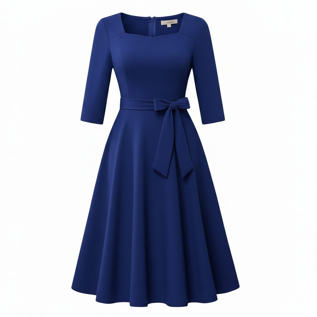 Tea-Length Wedding Guest Dress Vintage Formal with Sleeves A-line – Royal Blue S