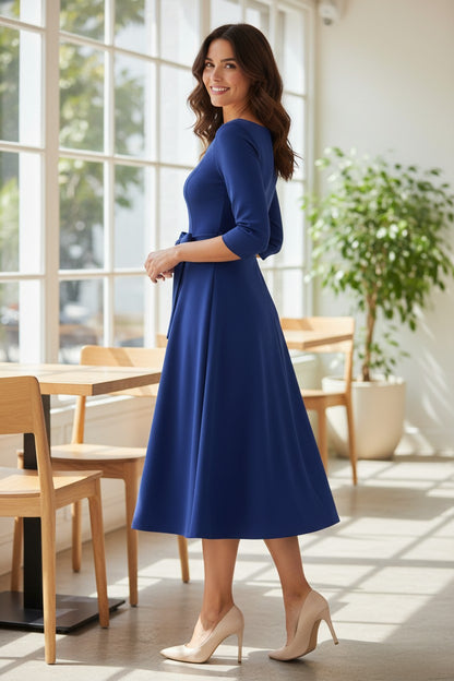 Tea-Length Wedding Guest Dress Vintage Formal with Sleeves A-line – Royal Blue S