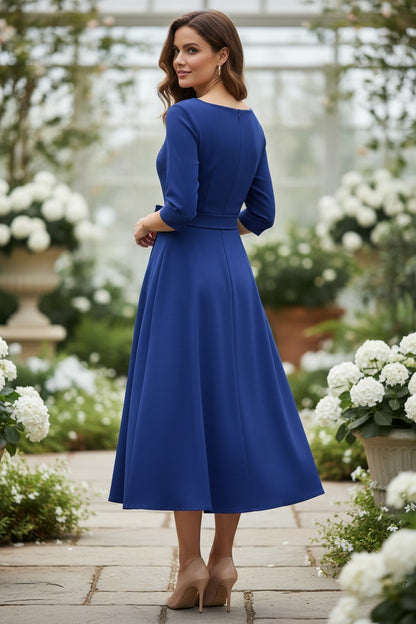 Tea-Length Wedding Guest Dress Vintage Formal with Sleeves A-line – Royal Blue S
