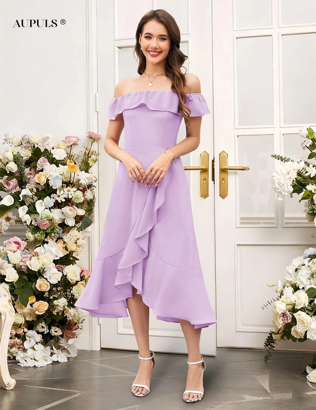 Aupuls Off Shoulder Midi Dress Women's Size Small Lavender Chiffon Ruffle Hem