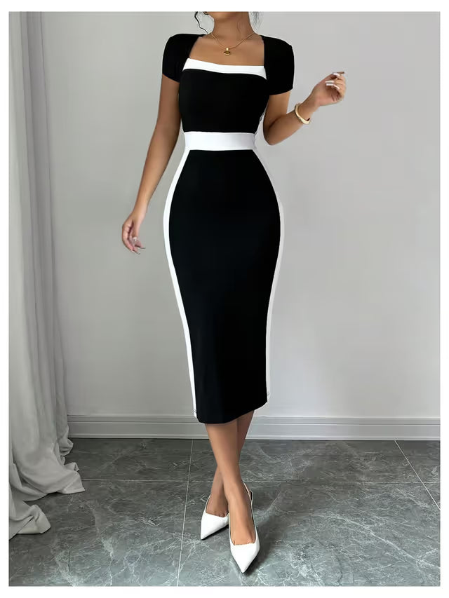 Women’s Square Neck Bodycon Midi Dress Colourblock Short Sleeve - Black/White S
