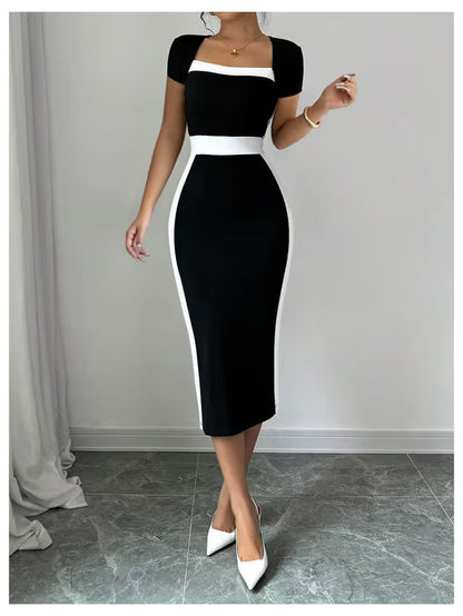 Women’s Square Neck Bodycon Midi Dress Colourblock Short Sleeve - Black/White S
