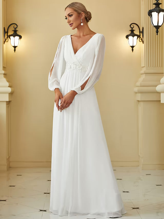 Ever-Pretty Elegant A-Line Appliqué V-Neck Pleated Long Sleeve Dress – Cream 22UK