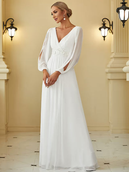 Ever-Pretty Elegant A-Line Appliqué V-Neck Pleated Long Sleeve Dress – Cream 22UK