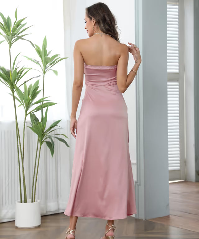 Women’s Satin Strapless Ruched Bodice Flowy Long Evening Gown – Pink XL