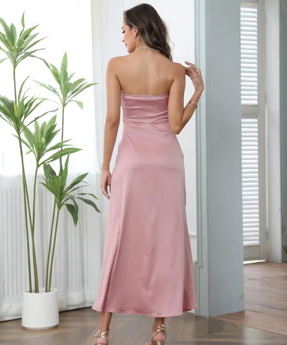 Women’s Satin Strapless Ruched Bodice Flowy Long Evening Gown – Pink XL