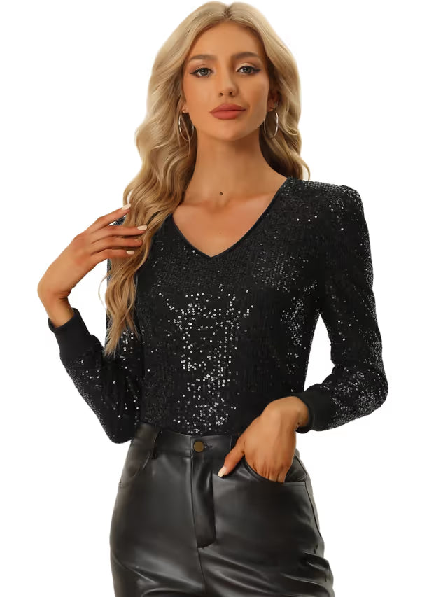 Allegra K Sequin Blouse V Neck Party Metallic Sparkly – Black L