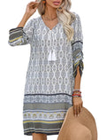 Women's Bohemian Floral Dress 3/4 Sleeve Midi – White L
