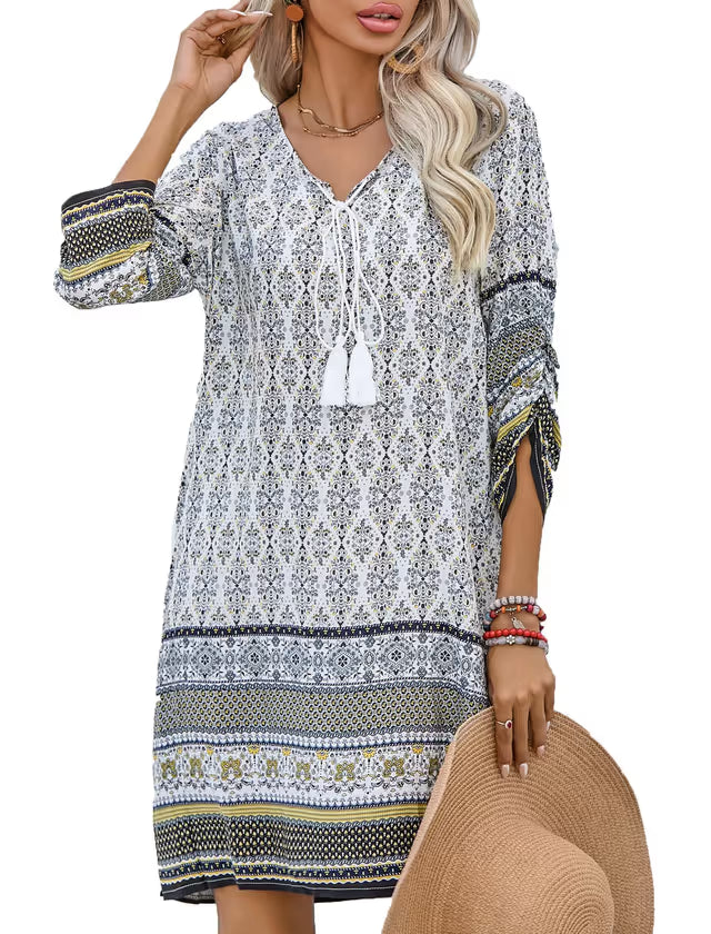 Women's Bohemian Floral Dress 3/4 Sleeve Midi – White L